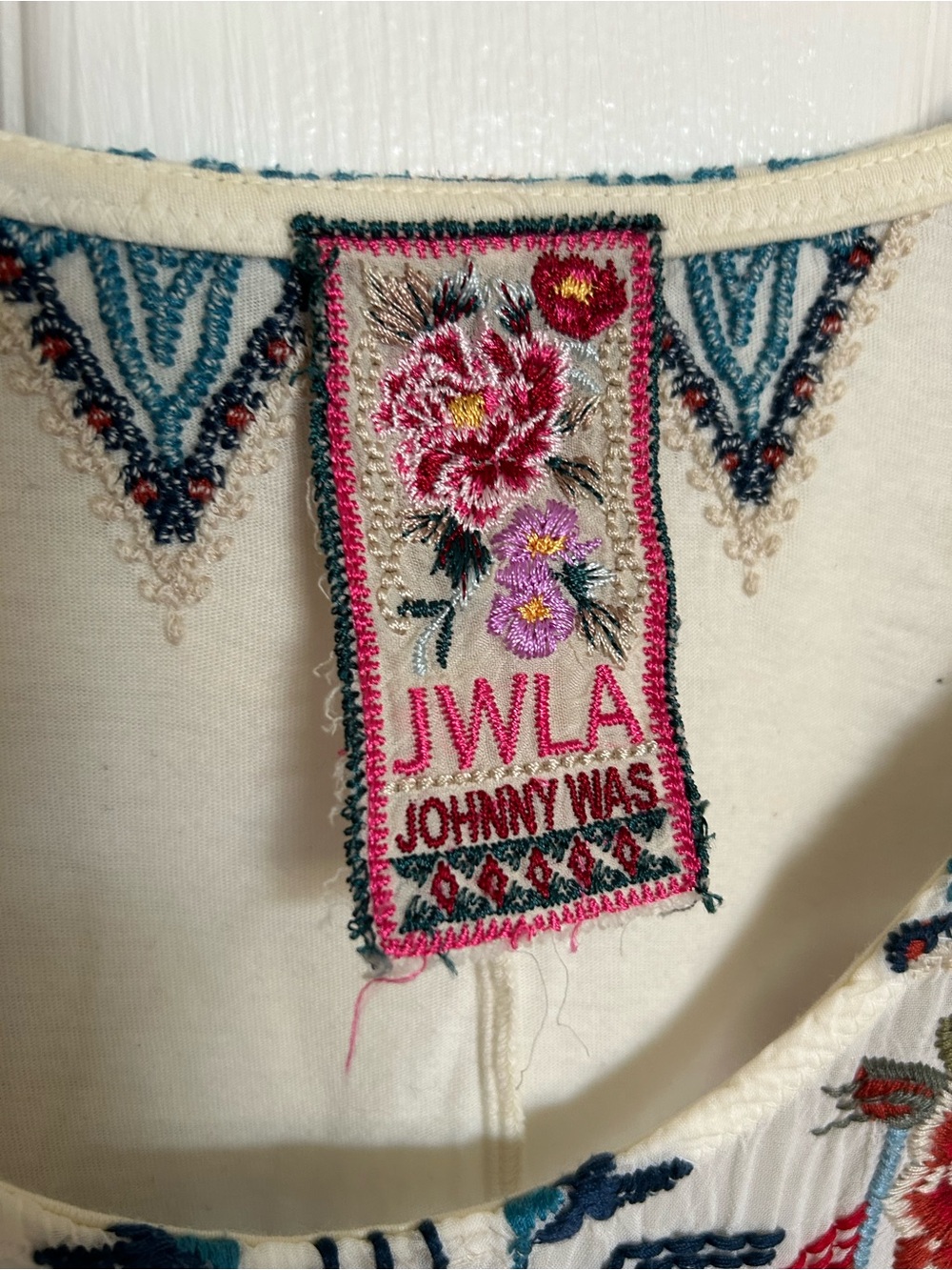 Johnny Was Cream Long Sleeve Embroidered Boho Dress with Red and Teal Accents - Picture 2 of 7